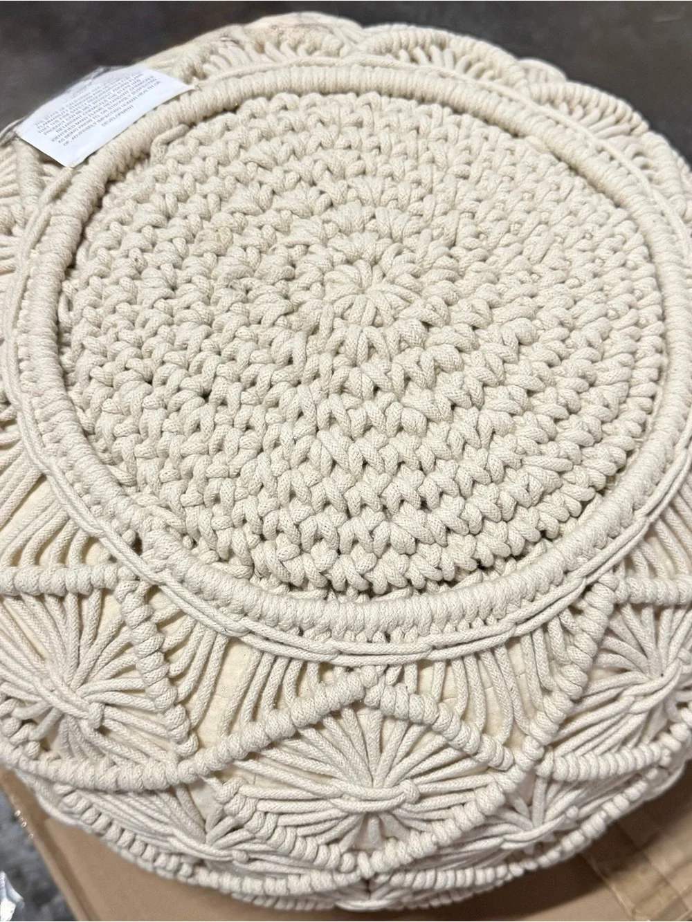 Hand-Knitted Round Pouf in Cream